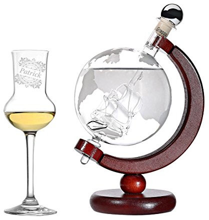 polar-effekt Grappa-Set Personalisiert - Flasche Weltkarte und Schiff Globus befüllt 500 ml Grappa - Grappaglas 87ml Grappakelch - Geschenkverpackung mit Gravur - Motiv Vintage Kompass