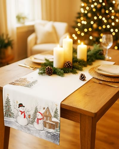 KAMACA Tischläufer 40x85 cm mit hochwertigem Druck-Motiv Küche Esstisch Eyecatcher Herbst Winter Weihnachten (Schneemänner 40x85)