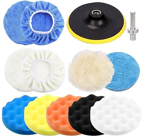 Swpeet 13pcs 7 tums Buffing Pads Set, bil polering Pad Kit, skum polska kuddar vax buffer poler fäste för elektrisk borr och auto poler med M14 borr adapter