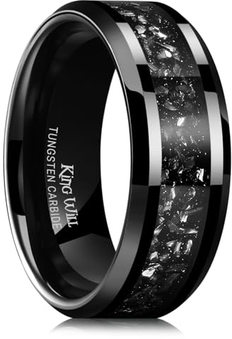 King Will Mens Meteorite Rings Tungsten Carbide Wedding Bands 8mm High Polished Engagement Ring for Couples Comfort Fit, Black, Size 9