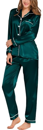 SWOMOG Women's Pyjama Set Silk Satin Long Sleeve Button Down Pyjamas Two Piece Comfy Sleepwear and Loungewear Set Deep Green