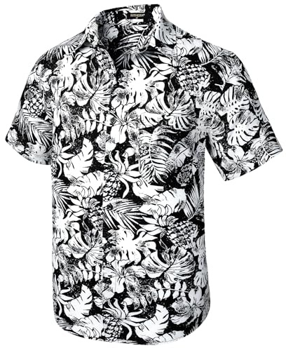 Rithern Hawaiiansk skjorta för män kortärmad sommar casual skjortor för män funky strand semester skjortor med framficka normal passform, Svart/Vit, L