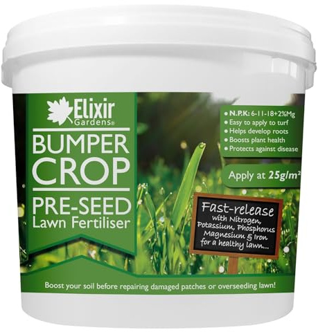 Elixir Gardens Bumper Crop Pre-Seed Lawn/Turf Fertiliser 1kg Tub | Grass Seed Starter & Soil Prep for Overseeding & Patch Repair with Magnesium & Iron | N.P.K: 6-11-18 + 2% Mg + 0.6% Fe