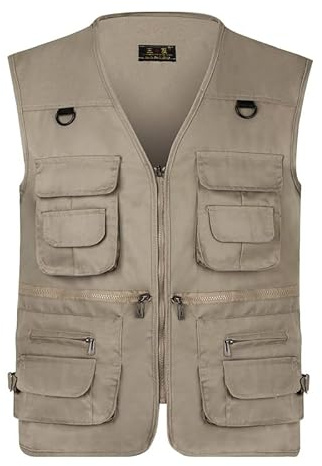AOTORR Men’s Fishing Vest Casual Outdoor Work Safari Fishing Photo Cargo Vest Summer Jacket With Multi Pockets Dark Khaki M