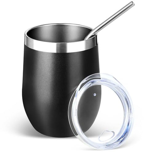 Volhoply 12oz Stainless Steel Wine Tumbler with Lid and Straw,350ml Double Wall Vacuum Insulated Stemless Wine Glasses,Travel Coffee Mug for Cold Drinks,Small Tumblers Gifts for Women（Black,1 Set）