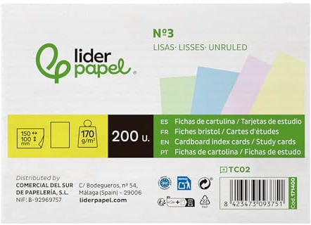 Liderpapel kort för att studera Lisa färgat kartong 170 gr/m2 100 x 150 mm paket med 200 stycken.