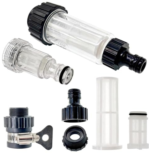 2x Wasserfilter Set klein + groß 3/4 Zoll für Gartenschlauch & Wasserhahn – Vorfilter, Schnellverschluss Adapter, Stecknippel, Gewindereduzierung 3/4 auf 1/2 – Robustes ABS Kunststoffgehäuse