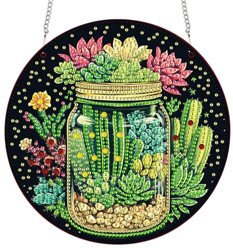 Bimkole Cactus Hanging Diamond Art Pearl Art Kits for Adults Pendant C42 | DIY 5D Special Crystal Diamond Painting Plant Window Suncatcher, Acrylic Pearl Art Autumn Winter Wall Decor 20x20 cm