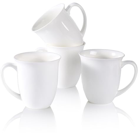 COSTMANCE Fine Bone China Coffee Mugs Set of 4, 13 Oz White Tea Cups with Outwardly Tilted Rim, Wide Mouth Lightweight Ceramic Coffee Mugs, DIY Gifts for Coffee & Tea Lovers