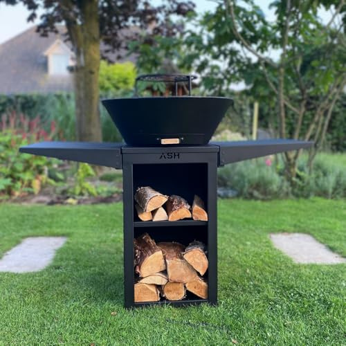 ASH Phoenix Plancha BBQ - Schwarz Metall - Feuerschale mit Grillring - Außenküche mit Seitentischen & Holzaufbewahrung - Ø60cm - Holz & Holzkohle