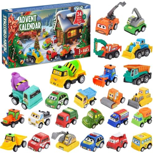 Pull-Back Cars Advent Calendar for Boys 3-6, 24-Day Christmas Countdown with 24 Vehicle Toys, Fun Xmas Gift Set for Toddlers & Kids, Holiday Countdown Surprise Calendar