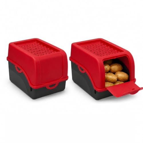 ARTECSIS® 2 x Kartoffel Aufbewahrungsbox mit Deckel für 4 kg Kartoffeln (rot) - Vorratsbehälter & Vorratsdosen Gemüse & Lebensmittel - Kartoffelbox, Zwiebelbox, Gemüsebox (inkl. 6 Aufkleber)