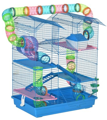 PawHut 18.5 5 Tier Hamster Cage with Tubes and Tunnels, Small Animal Cage, Rat Gerbil Cage with Water Bottle, Food Dish, Exercise Wheel, Blue