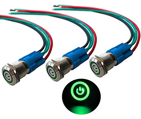 QitinDasen 3Pcs Premium 12V / 24V 3A Interruttore a Pulsante Autobloccante, 12mm Interruttore a Pulsante in Metallo con LED Verde, Interruttore Avviamento Auto in Acciaio Inossidabile impermeabile
