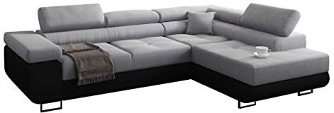 Miami Ecksofa Schlaffunktion, Eckcouch mit Bettkasten, L Form Couch, Schlafsofa mit bettfunktion, Ecksofa mit Bettkasten, Ottomane Rechts, 272 x 203 cm (Hellgrau + Schwarzer Kunstleder -EKO)