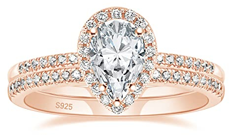 EAMTI 1.5CT 925 Sterling Silver Wedding Band Rose Gold Plated Teardrop Bridal Rings Sets Halo Cubic Zirconia Solitaire Promise Engagement Rings for Women Size 6.5