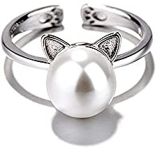 IMINI Bague ouverte réglable en forme de chat mignon avec perles artificielles pour filles et femmes - Taille extensible - Cadeau tendance pour adolescents, Plaqué or blanc