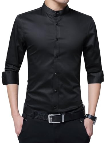 Sliktaa Camicia da uomo con colletto alto, slim fit, a maniche lunghe, per il lavoro, per il matrimonio, in cotone Nero XL