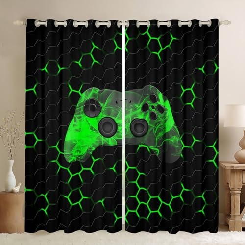 Homewish Gamer Gaming Fenstervorhänge für Jungen Geometrisches Wabenmuster Sechseck Vorhänge Kinder Cool Spielen Vorhang Videospiel Gamepad Ösenvorhänge für Spielzimmer Grün Schwarz 183x117, 2 Paneele