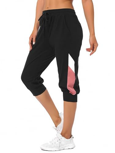 Marvmys Joggingbyxor för kvinnor, bomull, träningsbyxor, sport, yoga, fitness, hög midja, byxor med ficka, träningsbyxor, Svart-a-3/4, XL