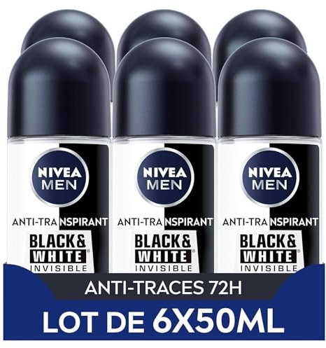 NIVEA MEN Déodorant Bille Black & White Invisible (6 x 50ml), déodorant homme anti-traces blanches et jaunes, anti-transpirant anti odeur & humidité, protection efficace 72 h, sans alcool