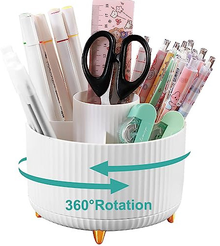Lenfuos Schreibtisch Organizer, 360 Grad drehbarer Büro-Organizer Stifthalter, 5 Sortierfächer für Stifte, Hefter, Ordnerklammern, Haftnotizen, Platzsparendes Desk Organizer(Weiß)
