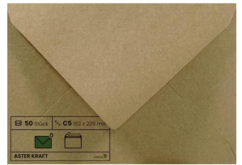 Netuno 50 Briefumschläge Kraftpapier Natur-Braun DIN C5 16,2x22,9 cm | 100g Aster Kraft · edle elegante große sandbraune Umschläge aus Recyclingpapier für Hochzeit, Einladungen, Grußkarten