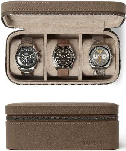 TAWBURY Luxury Leather Watch Box Unisex – Mens Travel Watch Case Zipper Closure | Taupe Top-Grain Genuine Leather Watch Travel Roll | Real Leather Watch Boxes for Men Travel | 3 Watch Carrying Case