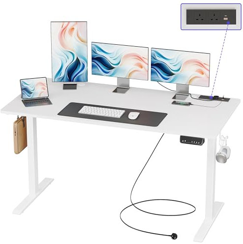 JOISCOPE Height Adjustable Desk, 140cm Electric Standing Desk with Power Outlets and USB & Tpye-C, Home Office Desks & Workstation, Easy Assemble Gaming Desk, White