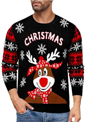 Uniexcosm Män fula jultröjor, jultröja för män rund hals julpullover sweatshirt ren snöflinga tryck varma stickade kläder för höst vinter, Svart, M