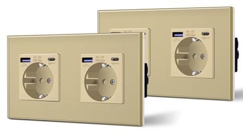 BSEED uttag dubbelt med 20 W USB & typ C snabbladdare glas 3-i-1 infälld vägguttag laddningseffekt, guld, 2 pack
