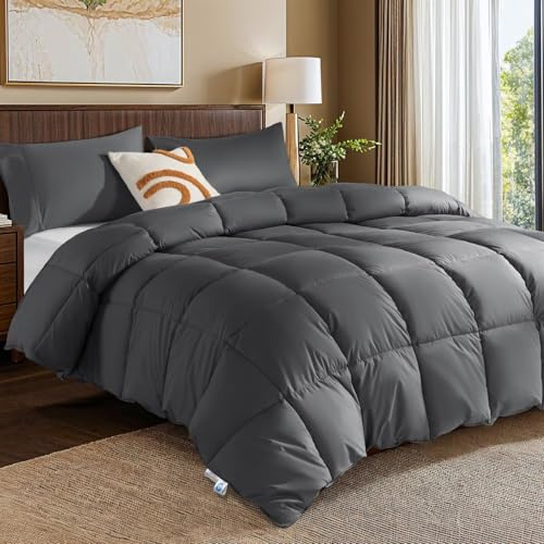 Rwlvpe Piumone in piuma d'oca, per letto king size, imbottitura 850, per tutte le stagioni, per letto king size, 100% cotone ultra morbido, soffice e accogliente collezione hotel, grigio scuro, 269 x