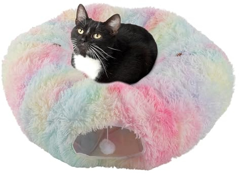 Cat Tunnel with Bed for Indoor Cats - 3FT Multifunctional Cat Tunnel Bed with Toys - Soft, Plush Peekaboo Cat Cave for Kittens, Cats, Ferrets, and Rabbits - Cat Products by PETMAKER (Multi)