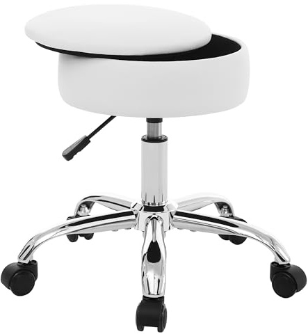 RUCUKEN Adjustable Vanity Stool with Storage Rolling Vanity Chair with Wheels Swivel Vanity Stool Chair for Vanity Makeup Stool White