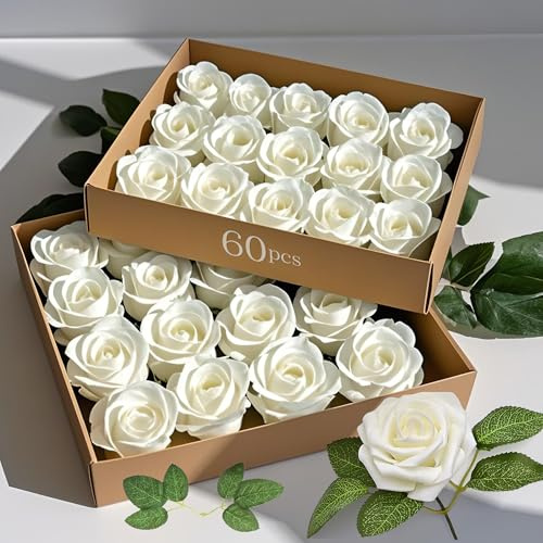 60pcs Artificial Flowers, White Foam Roses with Stems for DIY Wedding Bouquets Fake Flowers, White Roses, Artifical White Roses for Party Tables Decoration