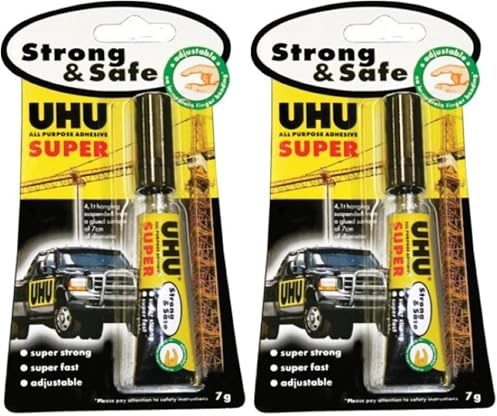 UHU Colle tout super - Colle instantanée gel super puissante, super rapide et super résistante, sans solvants, transparente, tube 7g (Lot de 2)