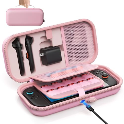 [Charge à l'intérieur] Étui pour Nintendo Switch 2/OLED/Original, Grand Étui Rigide pour Adaptateur et Joypad Rangement, Sac de Voyage pour Switch Console avec 22 Fentes pour Cartes de Jeu(Rose)