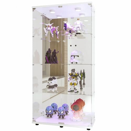 Lazyspace Glasvitrine Standvitrine, 4 Lagen Modern Glas Holz Vitrine mit LED Beleuchtung, 2 Tür Vitrinenschrank mit Schloss, Sammlervitrine für Sammlerstücke Bücher Wein, Weiß
