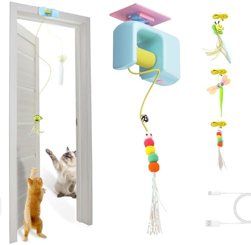 BOOTEELY Automatic Interactive Hanging Rope Cat Toy,3 Feather Refills,Blue