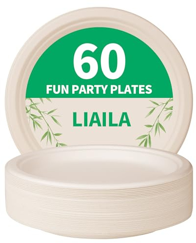 LIAILA Piatti usa e getta-60 piatti carta usa e getta,color legno naturale,diametro 24 cm-utilizzabili come piatti da festa o da portata-Stoviglie sostenibili in canna da zucchero,senza PLA/PE