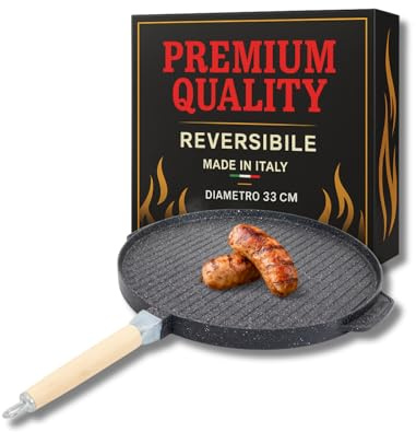 MOHOME Bistecchiera Antiaderente Pietra Made in Italy 33 cm Alluminio Pressofuso Reversibile Piano Cottura Grill Fornello Gas Forno Padella Piastra Liscia Rigata Manico Removibile