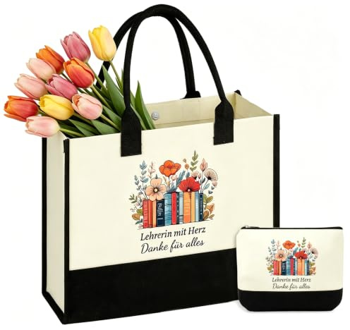 ANKUOFUA Geschenke Erzieherin Abschied Tasche, Lehrerin mit Herz Jutetasche | Dankeschön Geschenke für Erzieherin Kosmetiktasche & Karte, Stofftasche Abschiedsgeschenk Lehrerin Grundschule Kindergarten