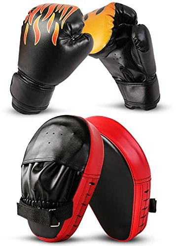 Odoland 2-in-1 Kids Boxing Gloves and Punching Mitts Set, Boxing Mitts Focus Pads, Youth Boxing Fight Gloves Equipment for Taekwondo, Kickboxing, Karate, Muay Thai, MMA Training