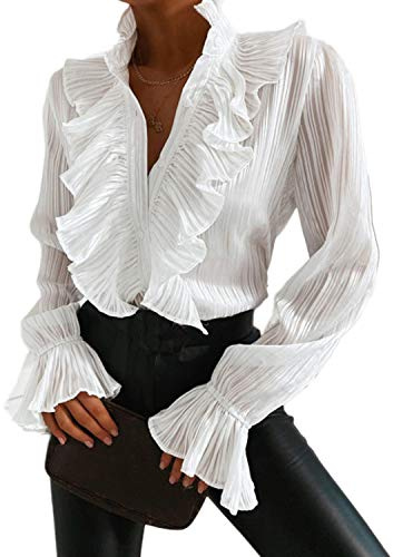 Onsoyours Chemisiers Femmes Élégant Col en V Volants Chemises Automne 2020 Vintage Polka Dot Print Tops Bureau Dame Casual Mode 3XL Blusa D Blanc S