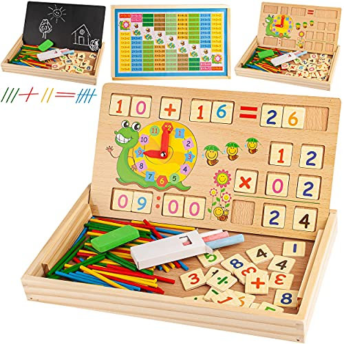 alles-meine.de GmbH XXL Legespiel Modellwahl 182 Teile - Rechnen üben & Lernen + Uhrzeit - Holz Rechenspiel + Kreide - Tafel - Addieren & Subtrahieren & das kleine Einmaleins..