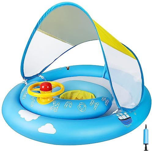 MYCARBON Flotador Bebe Inflable con Parasol UPF 50+ Flotador Bebé con Asiento Ajustable Anillo de Natación para bebé de 6 a 30 Meses Flotador Piscina para Bebe con Bocina en el Volante
