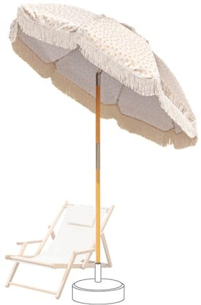 180cm Boho Terrassenschirm, Holz Strandschirm mit Fransen und Druckknopf Neigung, UV-Beständig für Garten, Hinterhof, Pool