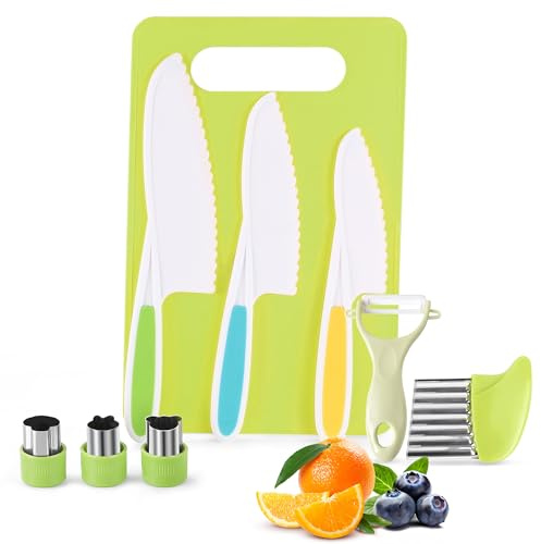 FGASIDYO 9PCS Montessori Kitchen Tools Cookware Baking Toy, Kids Knife Set for Real Cooking with Cutting Boards, Crinkle Cutte, Y Peeler, Serrated Edges Plastic Toddler Knife Kid Safe Knives