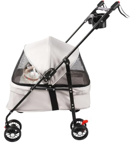 3 en 1 Poussette pour Chien Chat, Poussette Pliable, Auvent Réglable, Entrée en Maille Zippée, Panier de Rangement, pour Petits/Moyens Chiens Chats-50 * 70 * 95cm - Gris