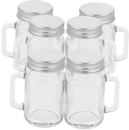 PartyKindom 6pcs 60ml Mini Glass Mason Jars Handles and Lids Airtight Dessert and Jam Storage Bottles for Kitchen and Beverage Use
